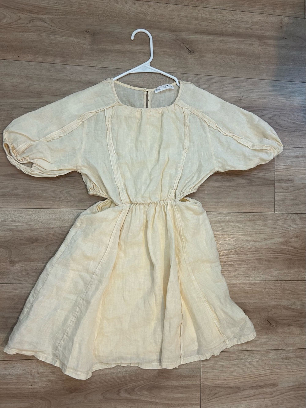 Zara Pale Yellow Linen Dress with Puff Sleeves